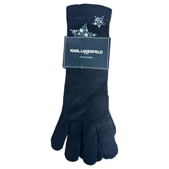 Karl Lagerfeld Black Touchscreen Star Rhinestone Studded Gloves One Size NEW - Picture 1 of 4
